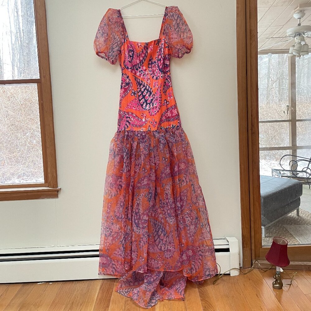 STAUD Wilde Gown - MONARCH PAISLEY - Size 6 - Orange Pink Sequin Sheer FORMAL - Picture 11 of 12